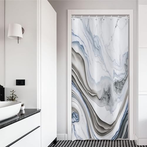 ASDCXZ Duschvorhang Weiß Grau Blau Marmor 120x180 cm, Modern Abstrakt Weiß Blau Grau Marmor Optik Textur Waschbar Bad Duschvorhänge Polyester Textil Wasserdicht Duschvorhang für Badewanne mit 8 Hake von ASDCXZ
