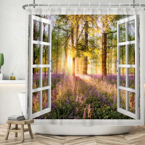 ASDCXZ Fensteransicht Duschvorhang 180x180 cm, Frühling Lila Blumen Grün Wald Dschungel Sonnenschein Bad Waschbar Duschvorhänge Polyester Textil Wasserdicht Badevorhang für Badewanne mit 12 Haken von ASDCXZ