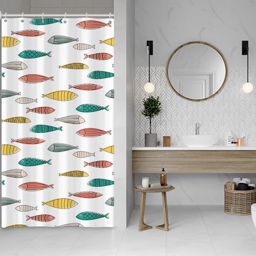 ASDCXZ Fisch Duschvorhang 120x180 cm, Gelb Grün Rot Ozean Bunt Fisch Anti-schimmel Bad Waschbar Schmal Duschvorhänge Polyester Textil Wasserdicht Duschvorhang für Badewanne mit 8 Haken von ASDCXZ