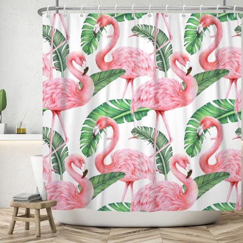 ASDCXZ Flamingo Duschvorhang 120x200 cm, Frühling Tropisch Pflanzen Grün Blätter Pink Flamingo Waschbar Duschvorhänge Polyester Stoff Wasserdicht Anti Schimmel Duschvorhang für Badewanne mit 8 Haken von ASDCXZ