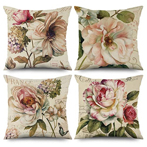 ASDCXZ Frühling Blume Kissenbezug 40x40 cm 4er Set, Retro Rose Blume Beige Sofa Kissen Bezug Dekokissen Kissenbezüge Kissenhülle Waschbar Polyester Flachs Textil Outdoor Polster Kopfkissenbezug von ASDCXZ