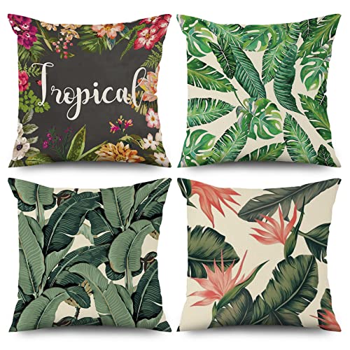 ASDCXZ Frühling Kissenbezug 40x40 cm 4er Set, Aquarell Grün Blätter Rosa Blume Sofa Dekokissen Kissenbezüge Kissenhülle Waschbar Polyester Flachs Textil Outdoor Polster Kopfkissenbezug Kissen Bezug von ASDCXZ