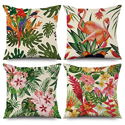 ASDCXZ Frühling Kissenbezug 40x40 cm 4er Set, Grün Blätter Rosa Blume Flamingo Sofa Dekokissen Kissenbezüge Kissenhülle Waschbar Polyester Flachs Textil Outdoor Polster Kopfkissenbezug Kissen Bezug von ASDCXZ