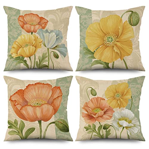 ASDCXZ Blume Kissenbezug 40x40 cm 4er Set, Retro Gelb Blume Beige Sofa Kissen Dekokissen Kissenbezüge Kissenhülle Waschbar Polyester Flachs Textil Outdoor Polster Kopfkissenbezug Kissen Bezug von ASDCXZ