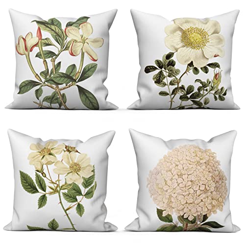 ASDCXZ Blume Kissenbezug 50x50 cm 4er Set, Handgemalt Blume Weiß Sofa Kissen Dekokissen Kissenbezüge Kissenhülle Waschbar Polyester Flachs Textil Outdoor Polster Kopfkissenbezug Kissen Bezug von ASDCXZ