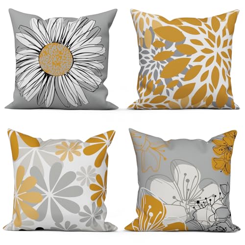 ASDCXZ Gelb Kissenbezug 45x45 cm 4er Set, Modern Gelb Grau Blumen Muster Sofa Dekokissen Kissenbezüge Kissenhülle Waschbar Polyester Flachs Textil Outdoor Kopfkissenbezug Kissen Bezug von ASDCXZ