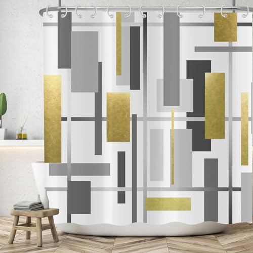 ASDCXZ Geometrie Duschvorhang 240x180 cm, Modern Schwarz Gold Grey Unregelmäßig Geometrie Muster Weiß Bad Waschbar Duschvorhänge Polyester Textil Wasserdicht Badevorhang für Badewanne mit 12 Haken von ASDCXZ