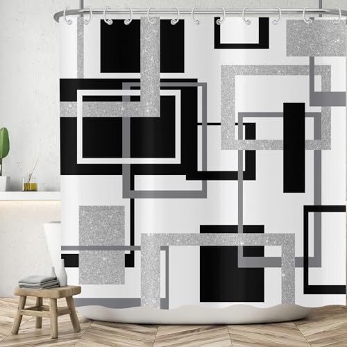 ASDCXZ Geometrie Duschvorhang 90x180 cm, Modern Schwarz Grey Silbrig Unregelmäßig Geometrie Muster Bad Waschbar Duschvorhänge Polyester Textil Wasserdicht Badevorhang für Badewanne mit 6 Haken von ASDCXZ
