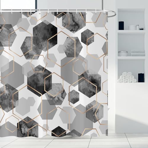ASDCXZ Grau Duschvorhang 180x180 cm, Moderne Abstrakt Kunst Geometrisch Grau Gold Hexagon Muster Wasserdicht Badvorhang Polyester Textil Waschbar Duschvorhänge für Badewanne mit 12 Haken ASDCXZ Grau Duschvorhang 180x180 cm, Moderne Abstrakt Kunst Geometrisch Grau Gold Hexagon Muster Wasserdicht Badvorhang Polyester Textil Waschbar Duschvorhänge für Badewanne mit 12 Haken von ASDCXZ