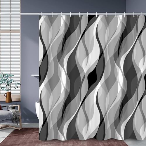 ASDCXZ Grau Duschvorhang 180x200 cm, Modern Abstrakt Grau Schwarz Weiß Irregulär Welle Streifen Wasserdicht Badvorhang Polyester Textil Waschbar Duschvorhänge für Badewanne mit 12 Haken von ASDCXZ