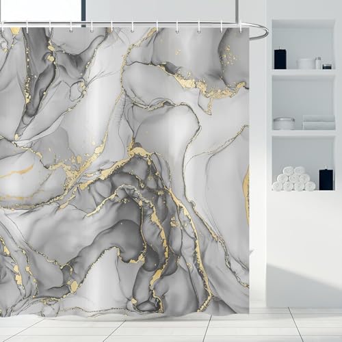 ASDCXZ Grau Marmor Duschvorhang 180x200 cm, Modern Abstrakt Kunst Grau Gold Marmor Optik Textur Wasserdicht Badvorhang Polyester Textil Waschbar Duschvorhänge für Badewanne mit 12 Haken von ASDCXZ