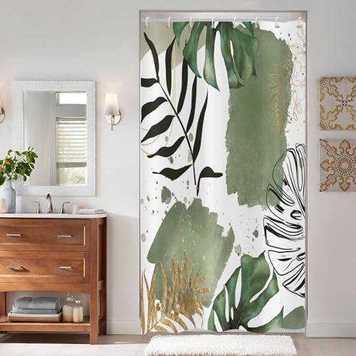 ASDCXZ Boho Blätter Duschvorhang 120x180 cm, Moderne Abstrakt Kunst Grün Schwarz Gold Palm Blätter Bad Waschbar Duschvorhang Polyester Textil Wasserdicht Duschvorhänge für Badewanne mit 8 Haken von ASDCXZ