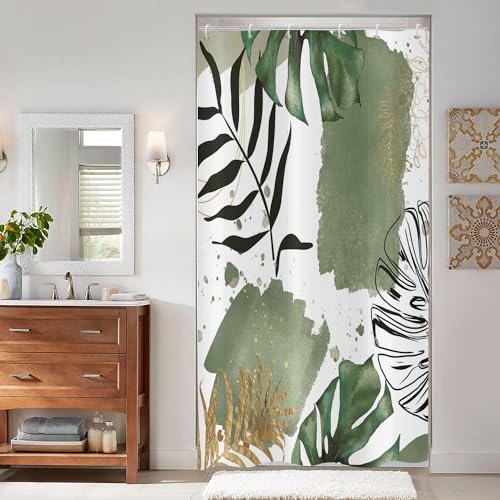 ASDCXZ Boho Blätter Duschvorhang 90x180 cm, Moderne Abstrakt Kunst Grün Schwarz Gold Palm Blätter Bad Waschbar Duschvorhang Polyester Textil Wasserdicht Duschvorhänge für Badewanne mit 6 Haken von ASDCXZ