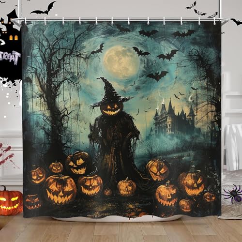 ASDCXZ Halloween Duschvorhang 240x180 cm, Abstract Mond Fledermaus Schloss Vogelscheuche Kürbislaterne Wasserdicht Duschvorhänge Polyester Textil Waschbar Duschvorhang für Badewanne mit 16 Haken von ASDCXZ