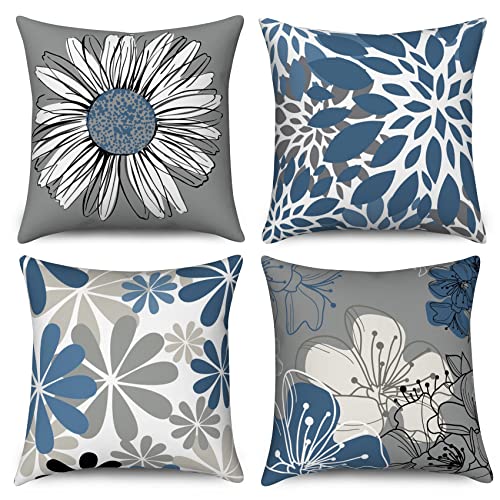 ASDCXZ Hellblau Kissenbezug 45x45 cm 4er Set, Nordeuropa Modern Blumen Blau Grau Sofa Dekokissen Kissenbezüge Kissenhülle Waschbar Polyester Leinen Textil Polster Kopfkissenbezug Kissen Bezug von ASDCXZ