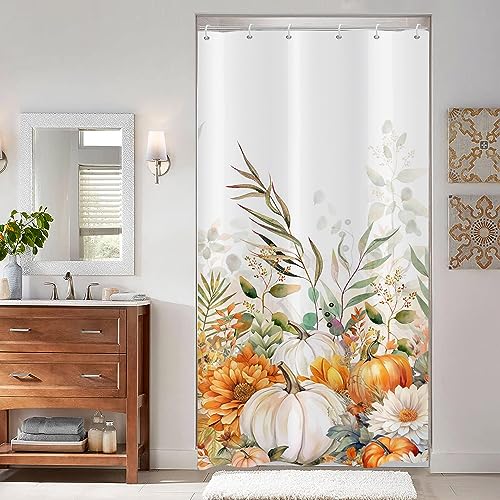 ASDCXZ Herbst Duschvorhang 90x180 cm, Herbst Ernte Orange Kürbis Blume Blätter Weiß Bad Waschbar Schmal Duschvorhänge mit ösen Polyester Textil Wasserdicht Duschvorhang für Badewanne mit 6 Haken von ASDCXZ