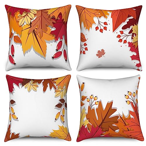 ASDCXZ Herbst Kissenbezug 40x40 cm 4er Set, Orange Maple Leaf Herbst Weiß Sofa Dekokissen Kissenbezüge Kissenhülle Waschbar Polyester Leinen Textil Polster Kopfkissenbezug Kissen Bezug von ASDCXZ