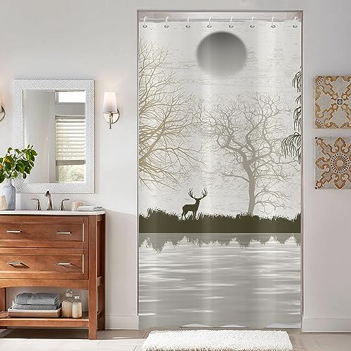 ASDCXZ Hirsch Duschvorhang 120x180 cm, Modern Kunst See Sonne Landschaftsmalerei Grau Bad Waschbar Schmal Duschvorhänge mit ösen Polyester Textil Wasserdicht Duschvorhang für Badewanne mit 8 Haken von ASDCXZ