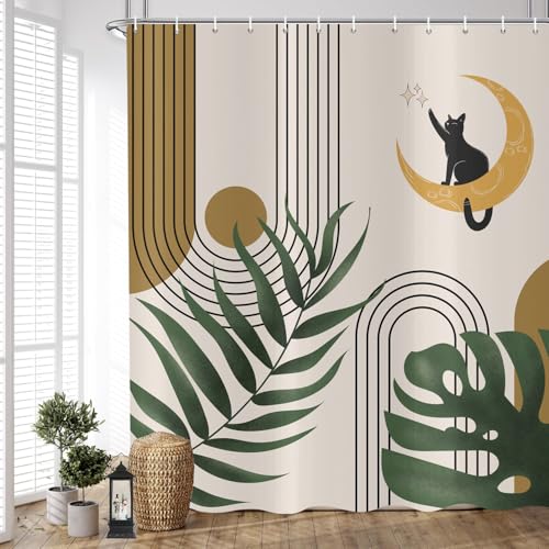 ASDCXZ Katze Duschvorhang 180x200 cm, Modern Abstrakt Kunst Boho Style Schwarz Katze Grün Blätter Wasserdicht Duschvorhänge Polyester Waschbar Textil Badezimmer Vorhang für Badewanne mit 12 Haken ASDCXZ Katze Duschvorhang 180x200 cm, Modern Abstrakt Kunst Boho Style Schwarz Katze Grün Blätter Wasserdicht Duschvorhänge Polyester Waschbar Textil Badezimmer Vorhang für Badewanne mit 12 Haken von ASDCXZ