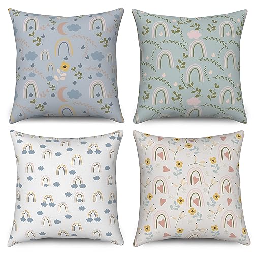 ASDCXZ Kinder Kissenbezug 40x40 cm 4er Set, Niedlich Blume Regenbogen Wolke Blau Grün Sofa Dekokissen Kissenbezüge Kissenhülle Waschbar Polyester Flachs Textil Outdoor Kopfkissenbezug Kissen Bezug von ASDCXZ