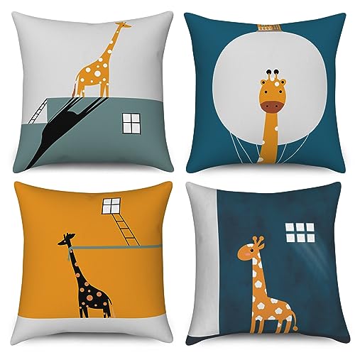 ASDCXZ Kinder Kissenbezug 40x40 cm 4er Set, Niedlich Tier Giraffe Kinder Grau Blau Gelb Sofa Dekokissen Kissenbezüge Kissenhülle Waschbar Polyester Flachs Textil Outdoor Kopfkissenbezug Kissen Bezug von ASDCXZ