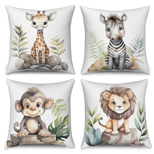 ASDCXZ Kinder Kissenbezug 40x40 cm 4er Set, Niedlich Tier Löwe Giraffe Zebra AFFE Sofa Dekokissen Kissenbezüge Kissenhülle Waschbar Polyester Flachs Textil Outdoor Kopfkissenbezug Kissen Bezug von ASDCXZ