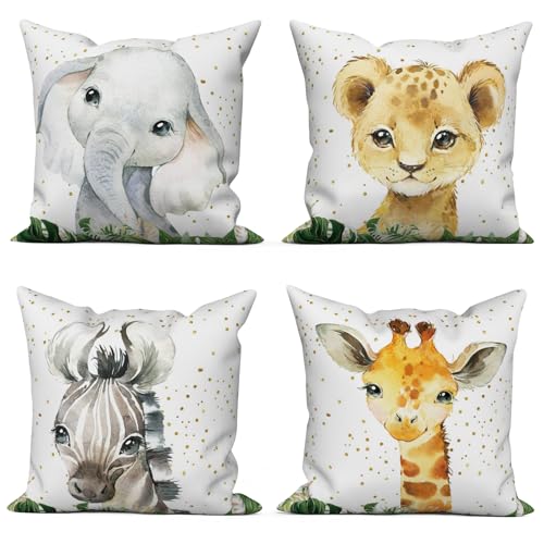 ASDCXZ Kinder Kissenbezug 45x45 cm 4er Set, Niedlich Tier Elefant Nilpferd Löwe Giraffe Sofa Dekokissen Kissenbezüge Kissenhülle Waschbar Polyester Flachs Textil Outdoor Kopfkissenbezug Kissen Bezug von ASDCXZ