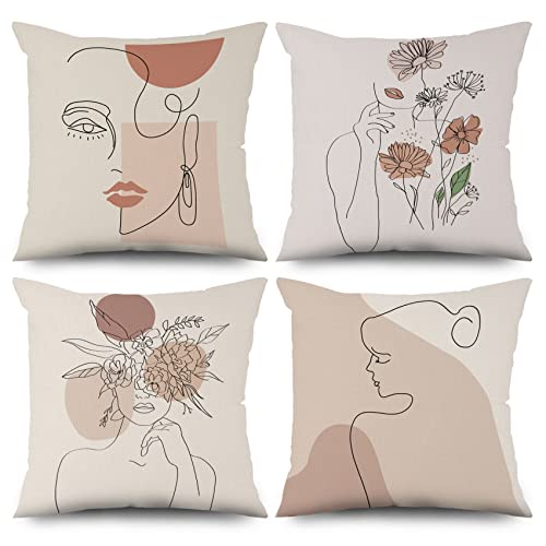 ASDCXZ Kissenbezug 40x40 cm 4er Set, Boho Beige Sofa Dekokissen Kissenbezüge Modern Abstrakt Kunst Mädchen Blume Linie Waschbar Kissen Bezug Kissenhülle Polyester Flachs Textil Kopfkissenbezug von ASDCXZ