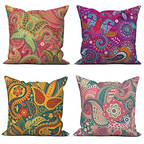 ASDCXZ Kissenbezug Boho 40x40 cm 4er Set, Boho Style Blume Textur Muster Rot Gelb Lila Sofa Dekokissen Kissenbezüge Kissenhülle Waschbar Polyester Flachs Textil Polster Kopfkissenbezug Kissen Bezug von ASDCXZ