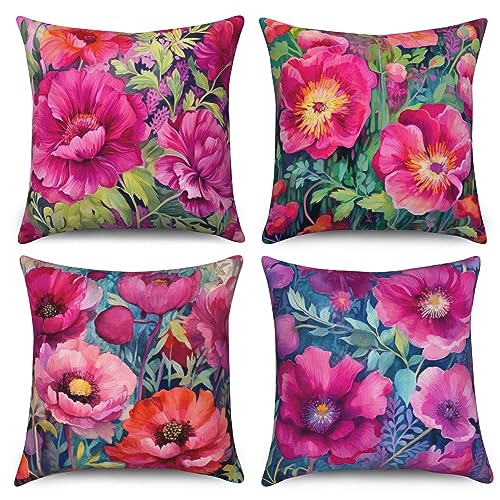 ASDCXZ Kissenbezug Retro Blumen 40x40 cm 4er Set, Geölt Rosenrot Blume Sofa Kissen Dekokissen Kissenbezüge Kissenhülle Waschbar Polyester Flachs Textil Outdoor Polster Kopfkissenbezug Kissen Bezug von ASDCXZ