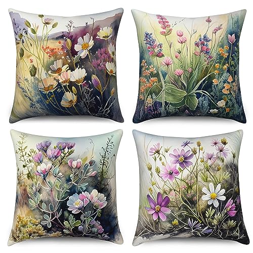 ASDCXZ Kissenbezug Retro Blumen 40x40 cm 4er Set, Ölgemälde Blume Blätter Sofa Kissen Dekokissen Kissenbezüge Kissenhülle Waschbar Polyester Flachs Textil Outdoor Polster Kopfkissenbezug Kissen Bezug von ASDCXZ