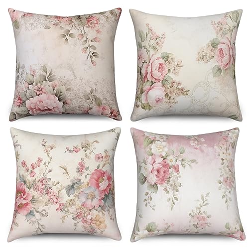 ASDCXZ Kissenbezug Retro Blumen 40x40 cm 4er Set, Retro Rose Blume Blätter Sofa Kissen Dekokissen Kissenbezüge Kissenhülle Waschbar Polyester Flachs Textil Outdoor Polster Kopfkissenbezug Kissen Bezug von ASDCXZ