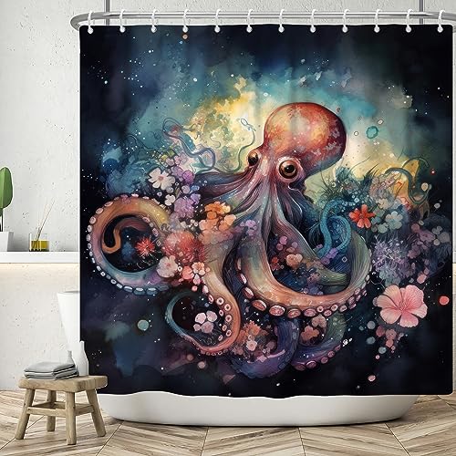 ASDCXZ Krake Duschvorhang 180x200 cm, Kunst Aquarell Niedlich Krake Rose Bunt Blumen Bad Waschbar Duschvorhänge Polyester Textil Wasserdicht Badevorhang für Badewanne mit 12 Haken von ASDCXZ