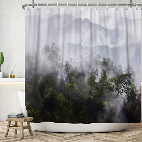 ASDCXZ Landschaft Duschvorhang 150x180 cm, Naturlandschaft Mysteriös Nebel Wald Grün Dschungel Bad Waschbar Duschvorhänge Polyester Textil Wasserdicht Badevorhang für Badewanne mit 12 Haken von ASDCXZ