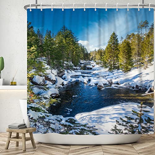 ASDCXZ Landschaft Duschvorhang 180x200 cm, Natürliche Winter Schneelandschaft Gebirgsbach Grün Wald Bad Waschbar Duschvorhänge Polyester Textil Wasserdicht Badevorhang für Badewanne mit 12 Haken von ASDCXZ