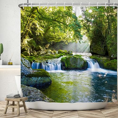 ASDCXZ Landschaftlich Duschvorhang 180x180 cm, Anmutig Naturlandschaft Grün Dschungel Gebirgsbach Bad Waschbar Duschvorhänge Polyester Textil Wasserdicht Badevorhang für Badewanne mit 12 Haken von ASDCXZ