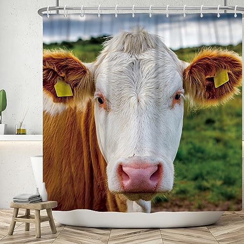 ASDCXZ Lustig Duschvorhang 120x180 cm, Lustig Kuh Kopf Bad Waschbar Duschvorhänge Polyester Textil Wasserdicht Badevorhang für Badewanne mit 8 Haken von ASDCXZ