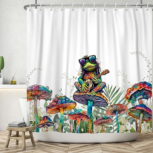 ASDCXZ Lustig Duschvorhang 180x180 cm, Lustig Punk Frosch Spielen Gitarre Bunt Pilz Blumen Blätter Bad Waschbar Duschvorhänge Polyester Textil Wasserdicht Badevorhang für Badewanne mit 12 Haken von ASDCXZ