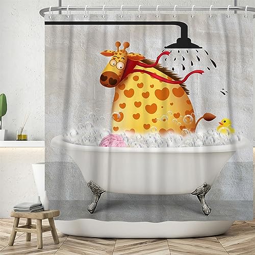 ASDCXZ Lustig Duschvorhang 180x180 cm, Vintage Hintergrund Lustig Giraffe Baden Ente Kinder Bad Waschbar Duschvorhänge Polyester Textil Wasserdicht Badevorhang für Badewanne mit 12 Haken von ASDCXZ