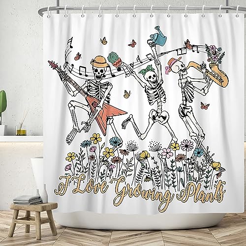 ASDCXZ Lustig Duschvorhang 180x180 cm, Witzig Skelett Singen Tanzen Blumen Blätter Halloween Weiß Bad Waschbar Duschvorhänge Polyester Textil Wasserdicht Badevorhang für Badewanne mit 12 Haken von ASDCXZ