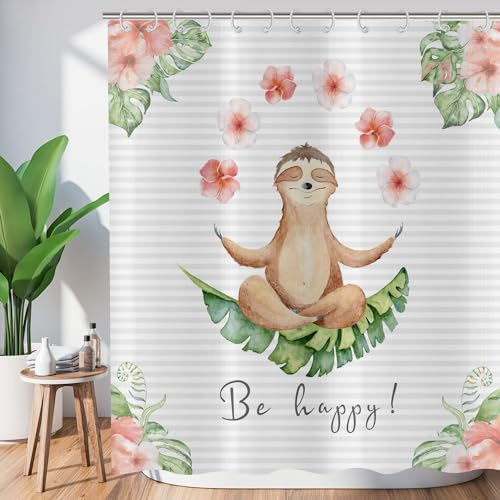 ASDCXZ Lustig Duschvorhang 180x200 cm, Lustig Baumotter Be Happy Yoga Rose Blumen Grün Tropical Blätter Bad Waschbar Duschvorhänge Polyester Textil Wasserdicht Badevorhang für Badewanne mit 12 Haken von ASDCXZ