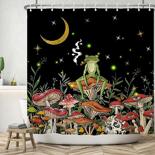 ASDCXZ Lustig Duschvorhang 180x200 cm, Lustig Frosch Rauchen Pilz Gold Mond Stern Schwarz Bad Waschbar Duschvorhänge Polyester Textil Wasserdicht Badevorhang für Badewanne mit 12 Haken von ASDCXZ