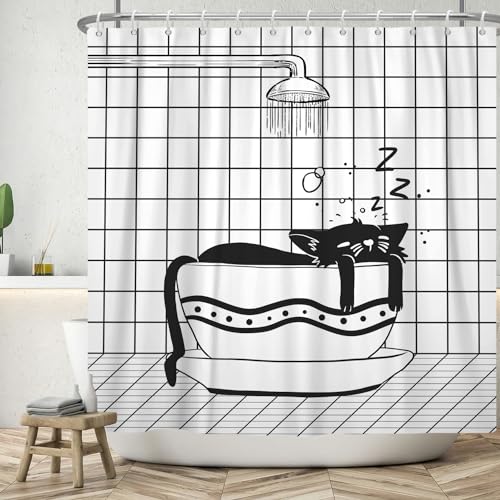 ASDCXZ Lustig Duschvorhang 180x200 cm, Modern Schwarz Weiß Badezimmer Lustig Katze Schlaf Waschbar Bad Duschvorhänge Polyester Textil Wasserdicht Duschvorhang für Badewanne mit 12 Haken von ASDCXZ
