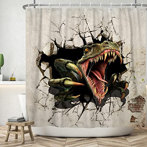 ASDCXZ Lustig Duschvorhang 180x200 cm, Vintage Wand Witzig Dinosaurier Mauerbruch Bad Waschbar Duschvorhänge Polyester Textil Wasserdicht Badevorhang für Badewanne mit 12 Haken von ASDCXZ