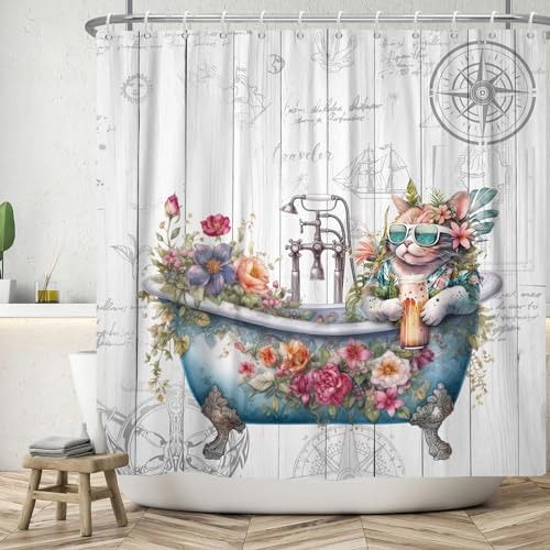 ASDCXZ Lustig Duschvorhang 180x240 cm, Vintage Holz Maritime Hintergrund Lustig Katze Blumen Blätter Waschbar Bad Duschvorhänge Polyester Textil Wasserdicht Duschvorhang für Badewanne mit 12 Haken ASDCXZ Lustig Duschvorhang 180x240 cm, Vintage Holz Maritime Hintergrund Lustig Katze Blumen Blätter Waschbar Bad Duschvorhänge Polyester Textil Wasserdicht Duschvorhang für Badewanne mit 12 Haken von ASDCXZ