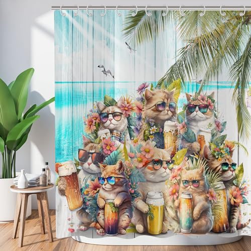 ASDCXZ Lustig Duschvorhang 240x180 cm, Lustig Katze am Meer Party Blumen Retro Holzmaserung Palmblätter Bad Waschbar Duschvorhänge Polyester Textil Wasserdicht Badevorhang für Badewanne mit 12 Haken von ASDCXZ