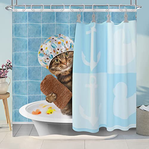 ASDCXZ Lustig Duschvorhang 240x180 cm (BxL), Blau Lustig Katze Badewanne Duschen Kind Waschbar Duschvorhänge Polyester Textil Wasserdicht Duschvorhang für Badewanne mit 12 Haken von ASDCXZ