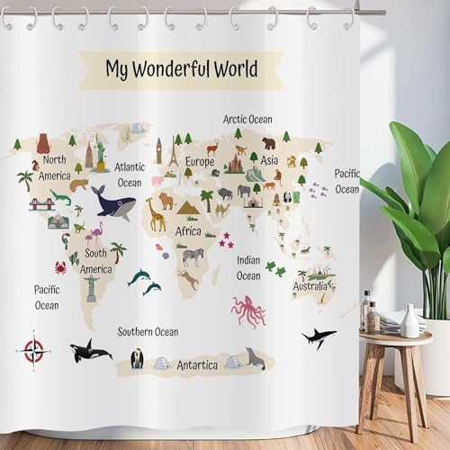 ASDCXZ Lustig Duschvorhang 240x180 cm (BxL), Weltkarte Nette Tiere Lustig Weiß Waschbar Duschvorhänge Polyester Textil Wasserdicht Duschvorhang für Badewanne mit 12 Haken von ASDCXZ