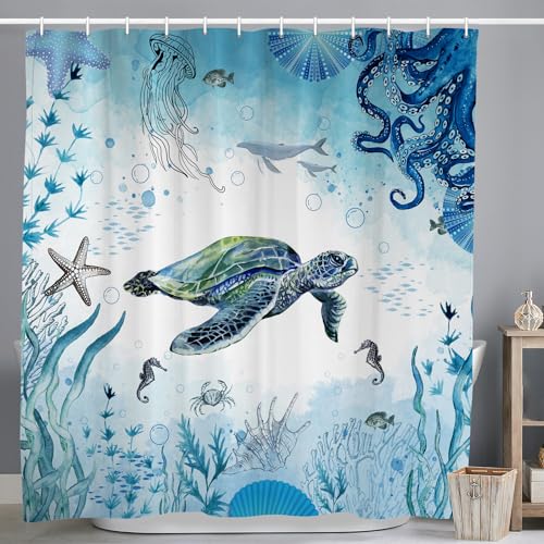 ASDCXZ Maritim Duschvorhang 120x200 cm, Blau Meerestiere Schildkröte Hippocampus Oktopus Nautische Bad Waschbar Duschvorhänge Polyester Textil Wasserdicht Badevorhang für Badewanne mit 8 Haken von ASDCXZ