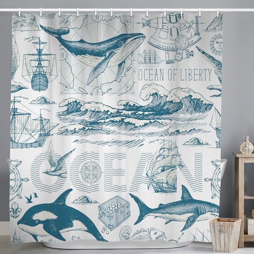 ASDCXZ Maritim Duschvorhang 180x180 cm, Maritim Nautische Segelboot Kompass Meerestiere Kraken Hai Bad Waschbar Duschvorhänge Polyester Textil Wasserdicht Badevorhang für Badewanne mit 12 Haken von ASDCXZ